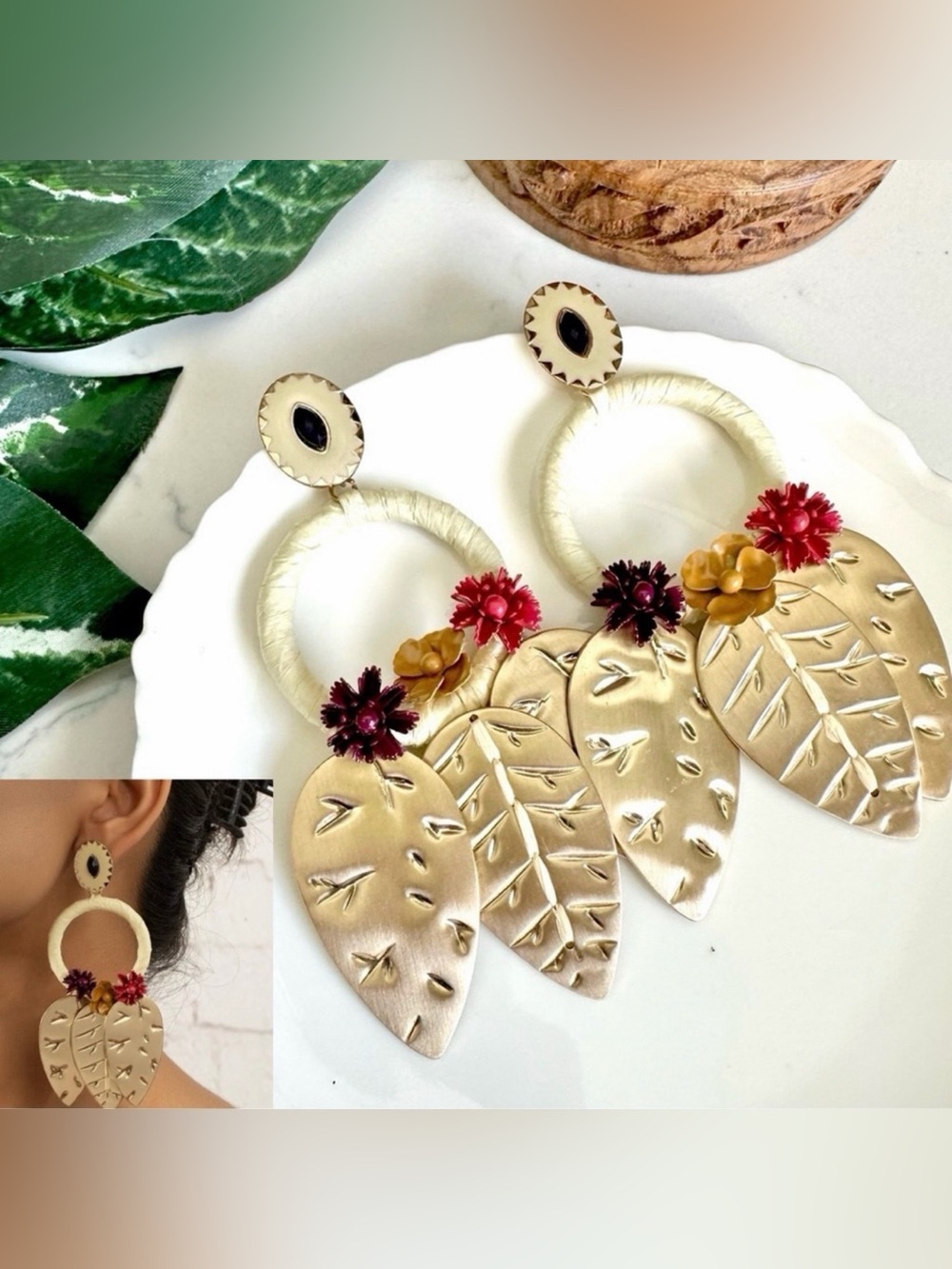 2/$30🌵 Gold Metal Leaf Wrapped Cream Circle Hoop Earrings Floral ZARA Gift NEW